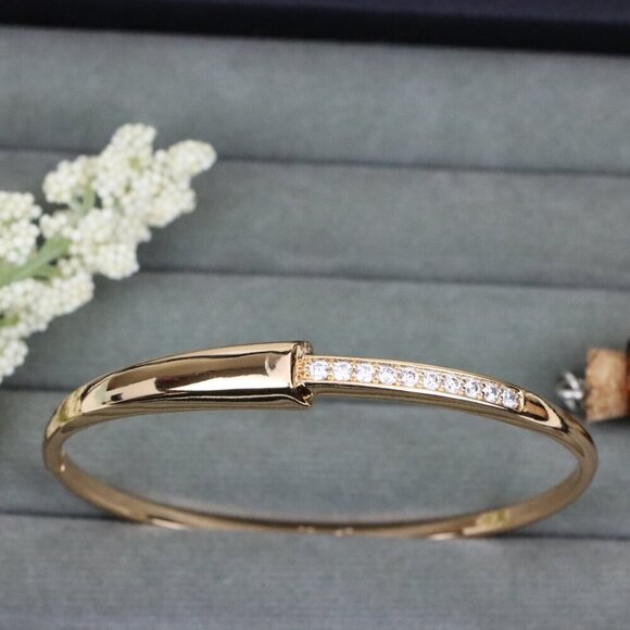 Minimalist Rose Gold Bangle with Sleek Cubic Zirconia Accent Line, XPBL0555 - Picture 10 of 12